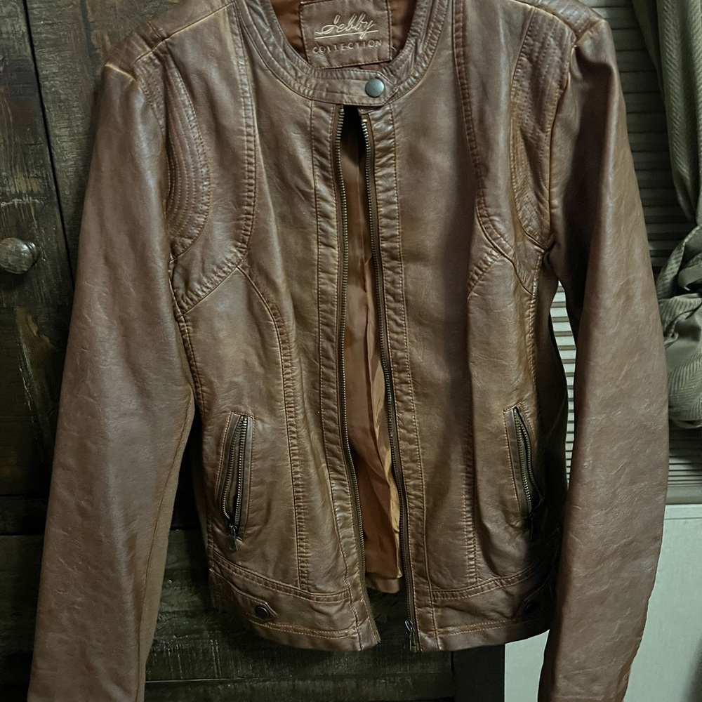Collection B Brown Faux Leather Zip-Front Jacket